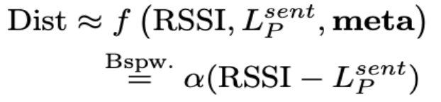 Boilerplate formula showing that distance can be calculated from Bluetooth signal attenuation